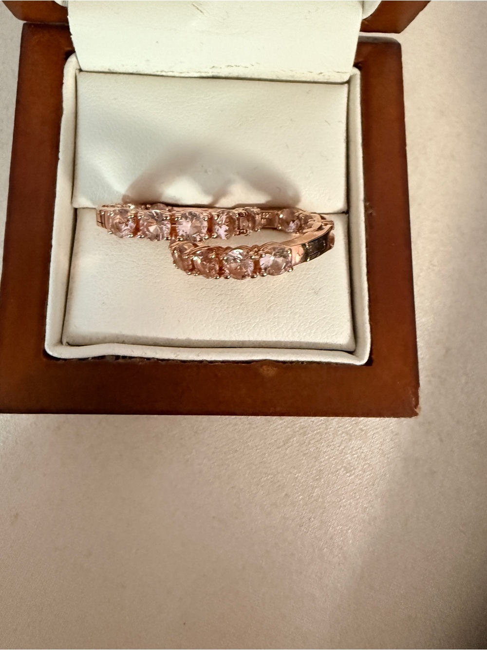 Morganite simulant rose gold over silver hoops. Lever back